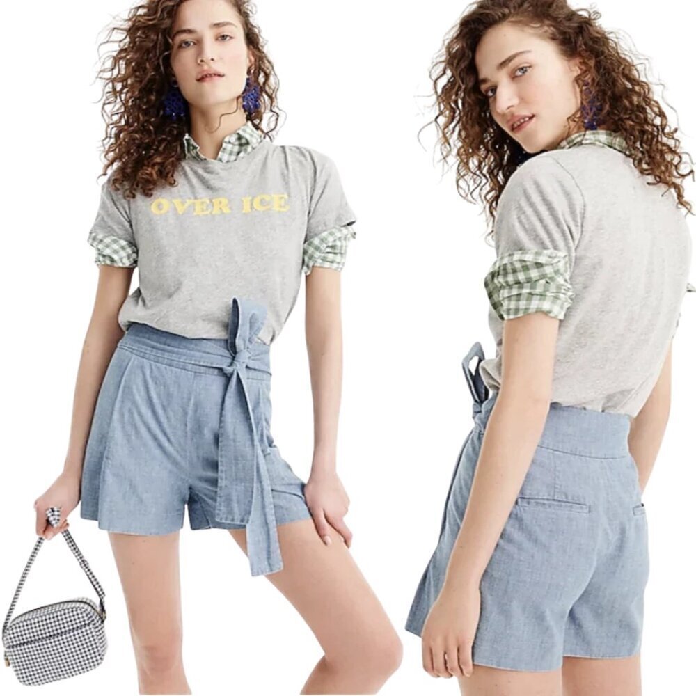 J. Crew Tie-Waist Chambray Short Women's 8 Blue Preppy Bow High Rise Minimalist